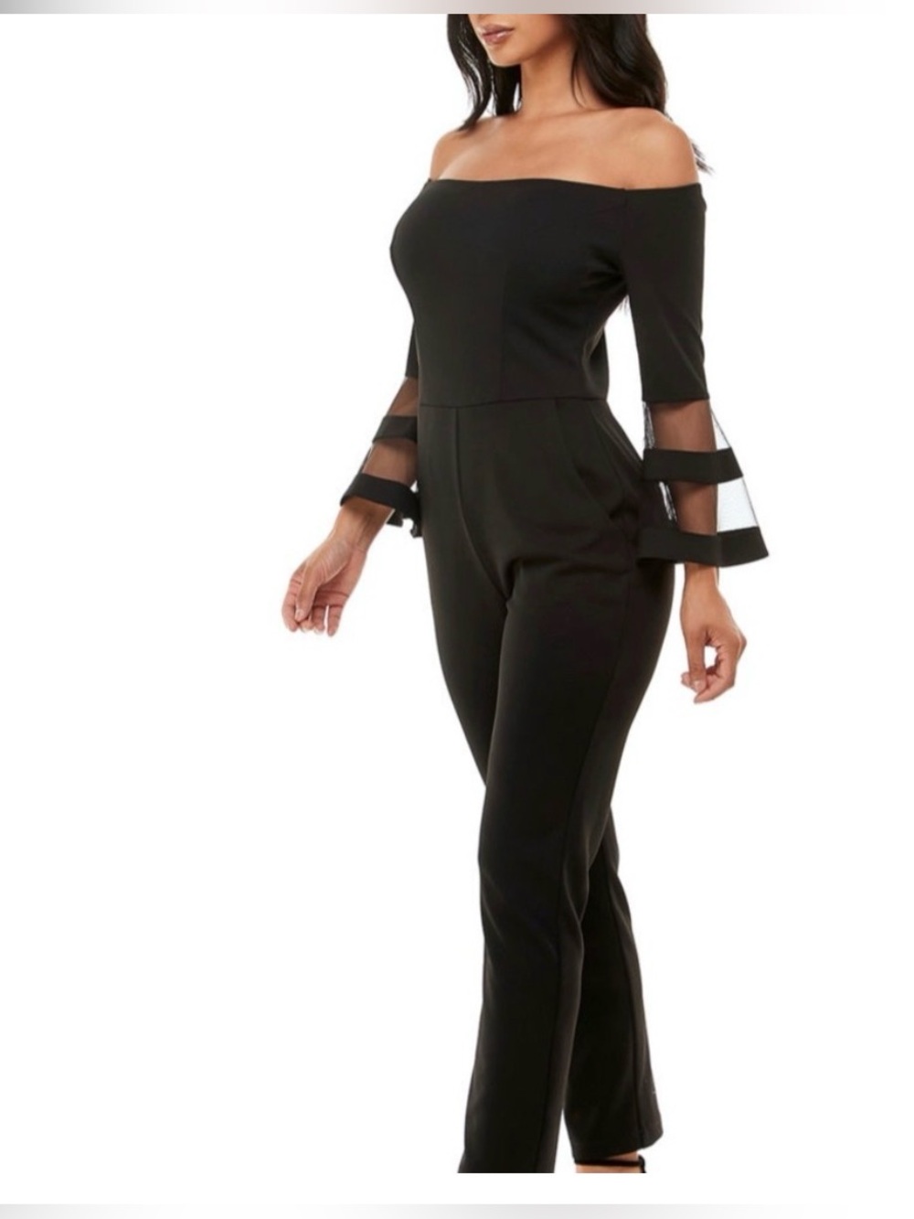 Premier Off-Shoulder Black Jumpsuit with Sheer Panel Sleeves Curvy Plus Size 12